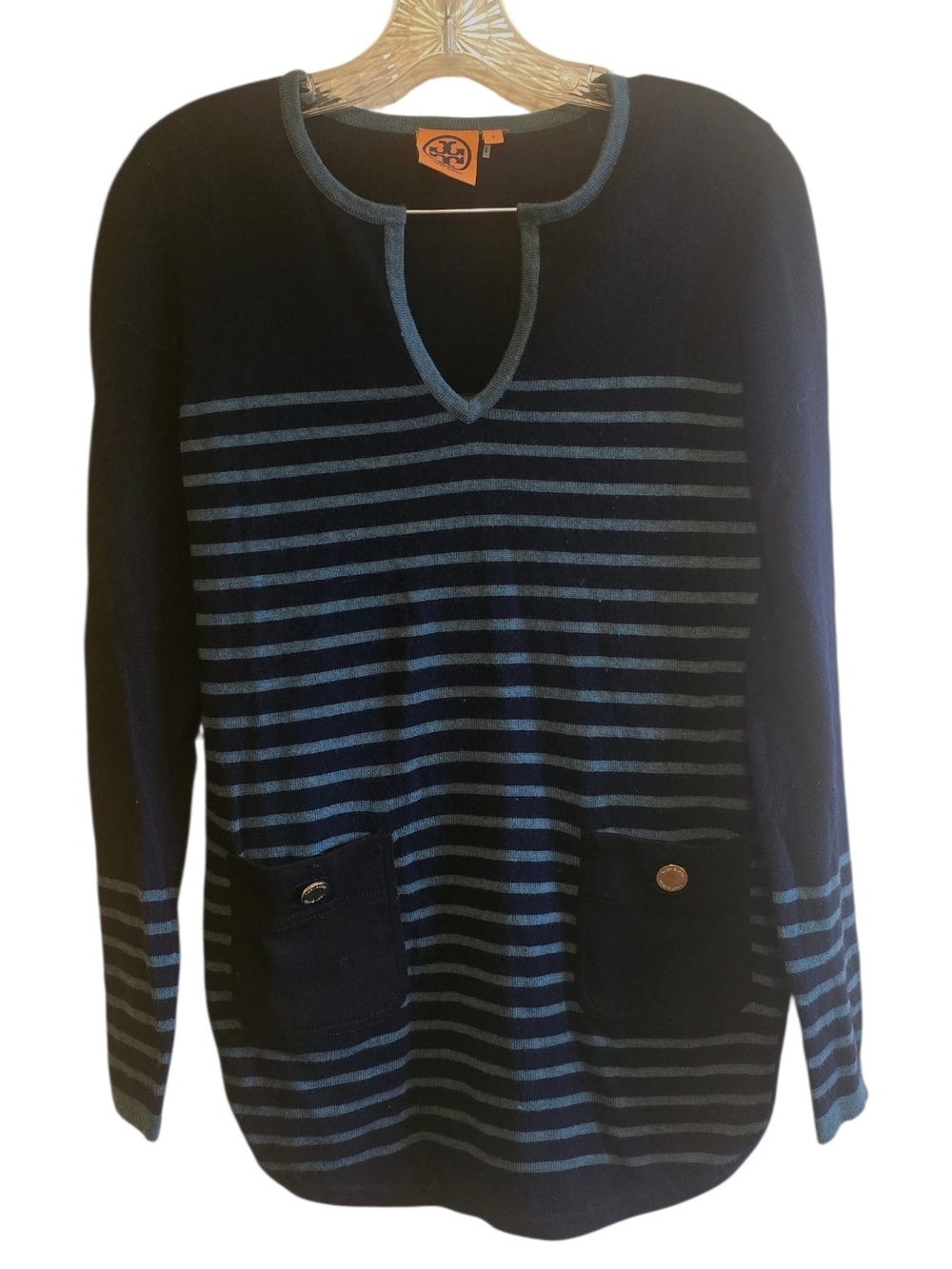 Tory Burch Navy & Teal Striped Merino Wool Tunic V Neck Sweater